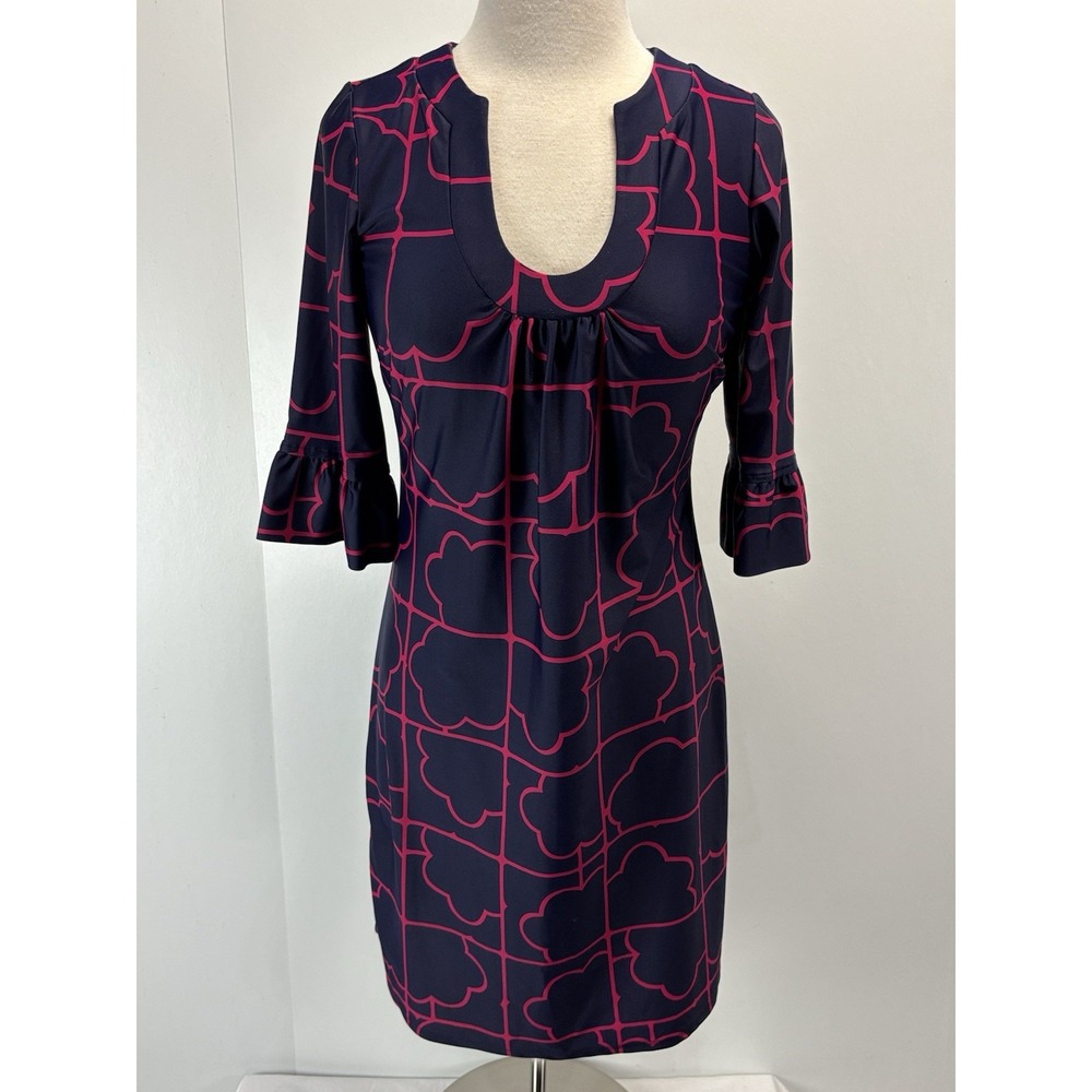 Jude Connally Nancy Blue Lattice Geo U-Neck Ruffle Cuff Shift Dress Small USA